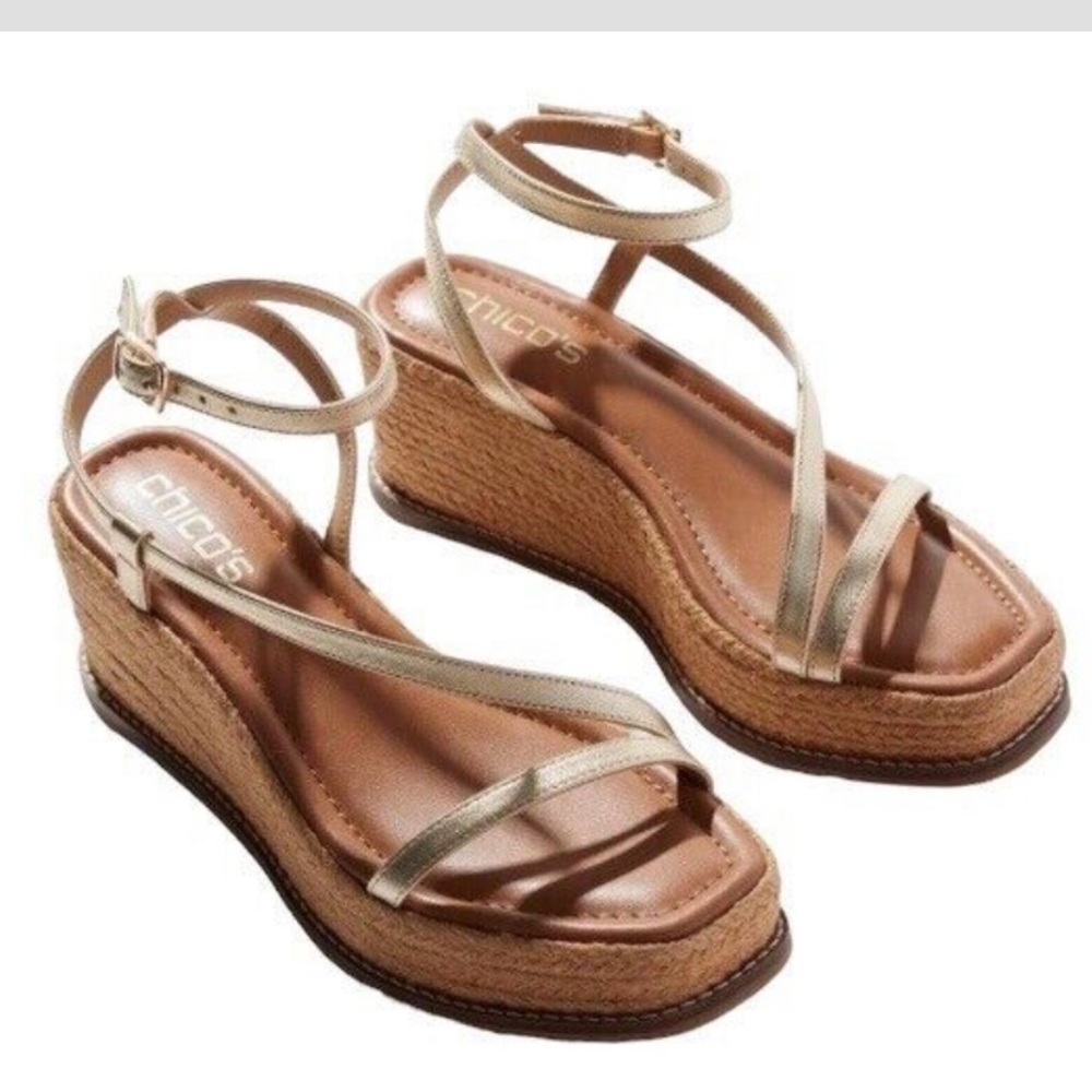 Chico's Metallic Gold Strappy Espadrille Wedge Sandals